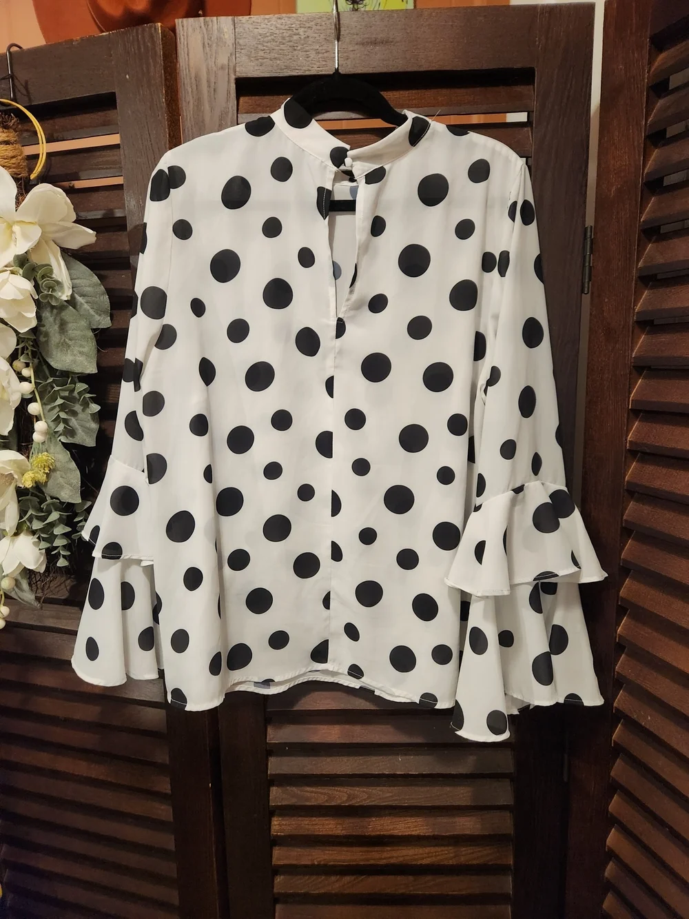 Eloquii White Blouse with Black Polka Dots and Ruffle Sleeves